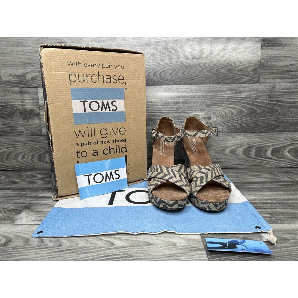 Toms W8.5 Canvas Gray & Taupe Ankle Strap Wedges 4" Heel /Bag Wedge Sandals ￼
